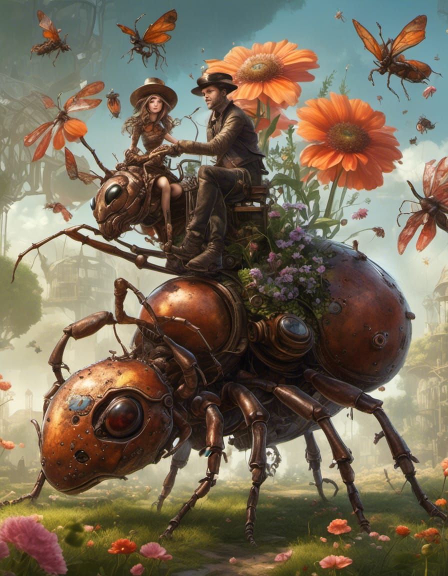 Elf Girl Rides Steampunk Ant Through Flower Meadow