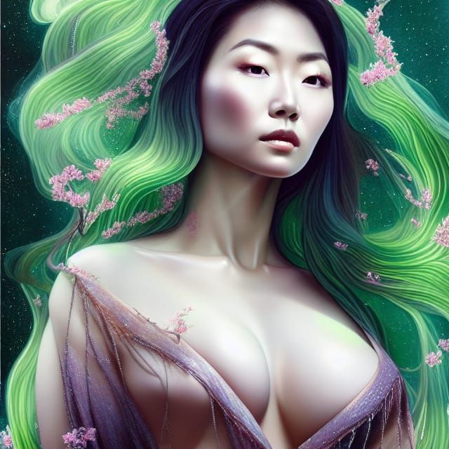 Garnet Essence: Sensual Japanese Woman in Ethereal Fantasy