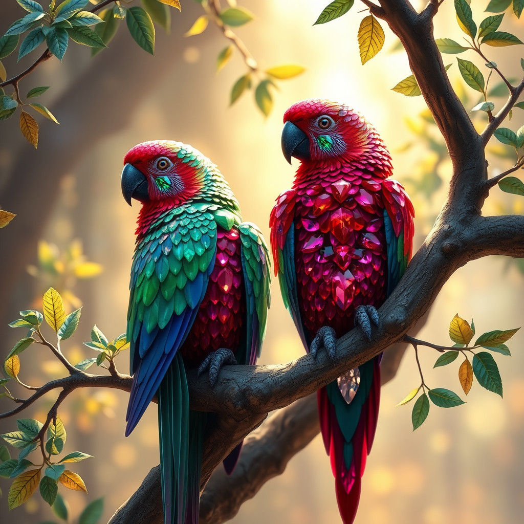Gemstone Parrots on Emerald Branch: Astral Illustration