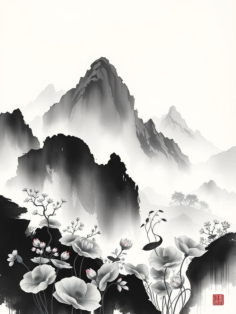 Mountain Landscape with Lotus Flowers in Splashed-Ink Style