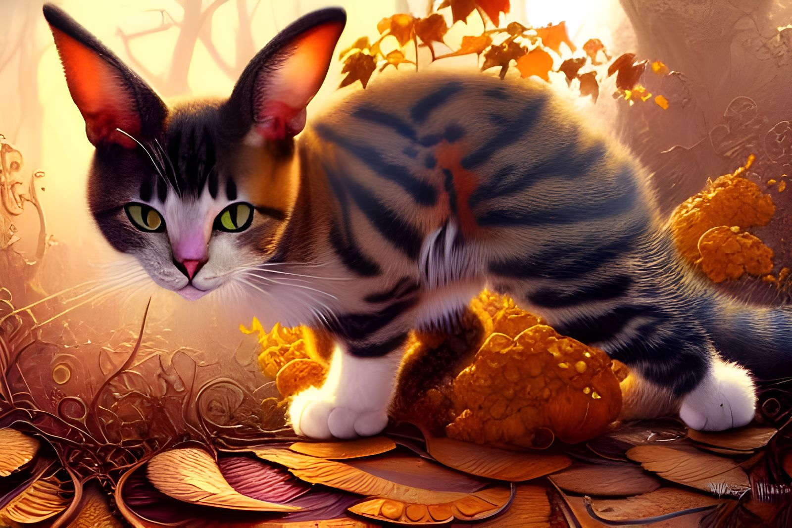 Golden Autumn Rabbitcat, Detailed Digital Art