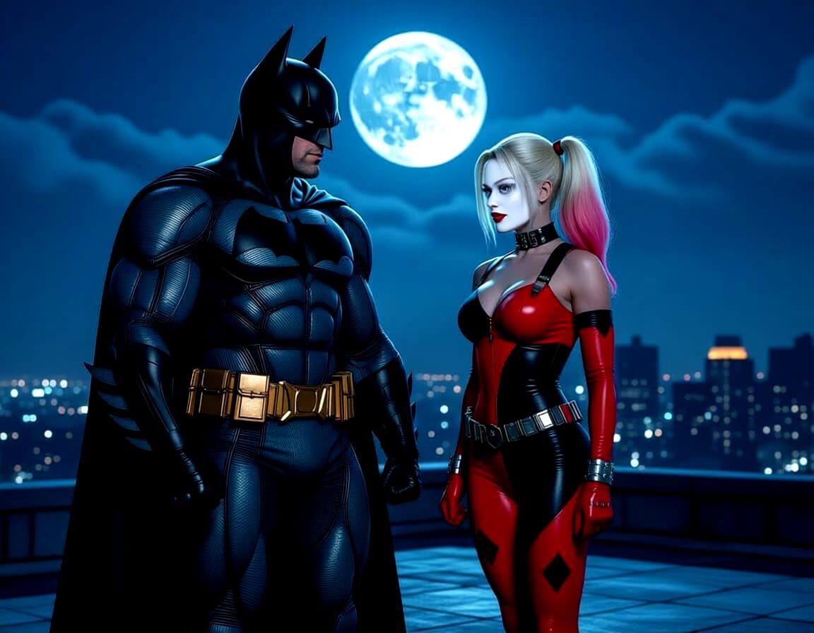 Batman and Harley Quinn Meet on Dark Rooftop