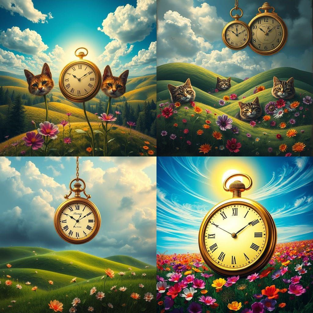 Surreal Cats' Garden Under Golden Pocket Watch