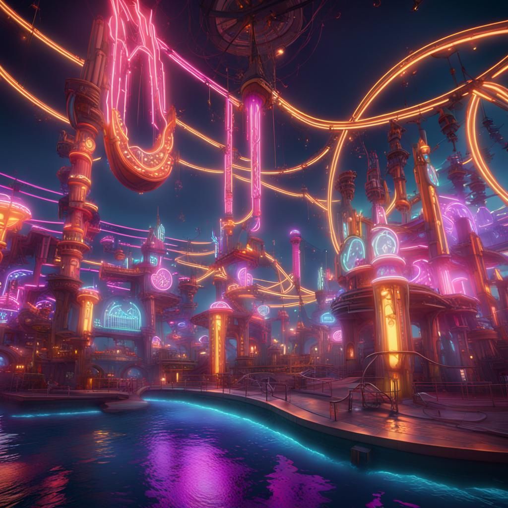 Neon Theme Park in Detailed Digital Painting