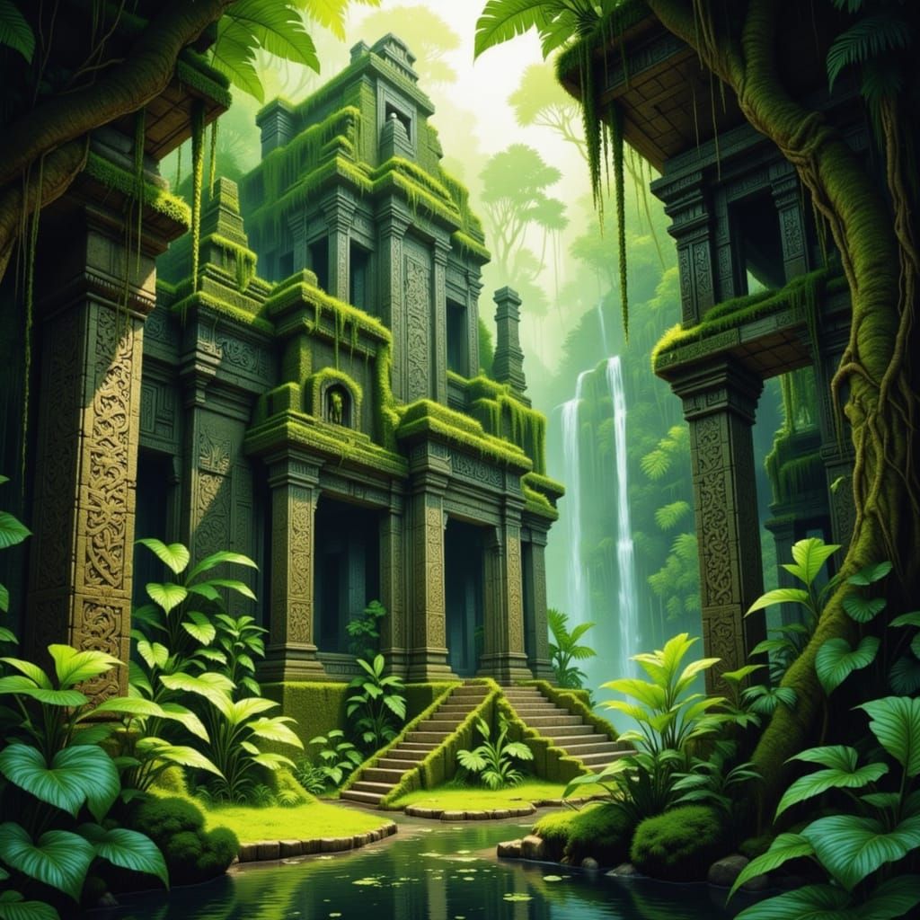 A serene ancient temple partially reclaimed by lush jungle growth, with intricate carvings depicting mythical creatures ...