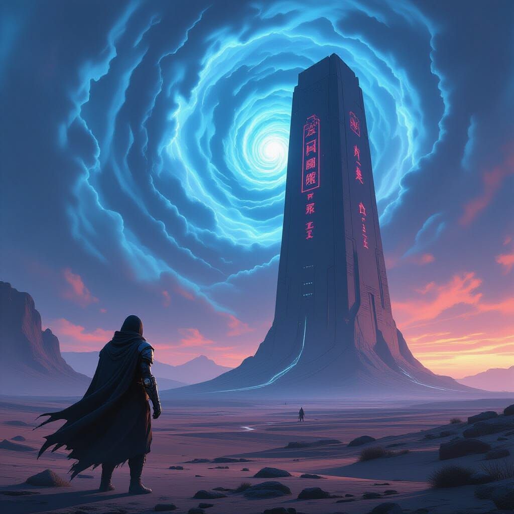 Wanderer Gazes at Monolith in Detailed Matte Painting