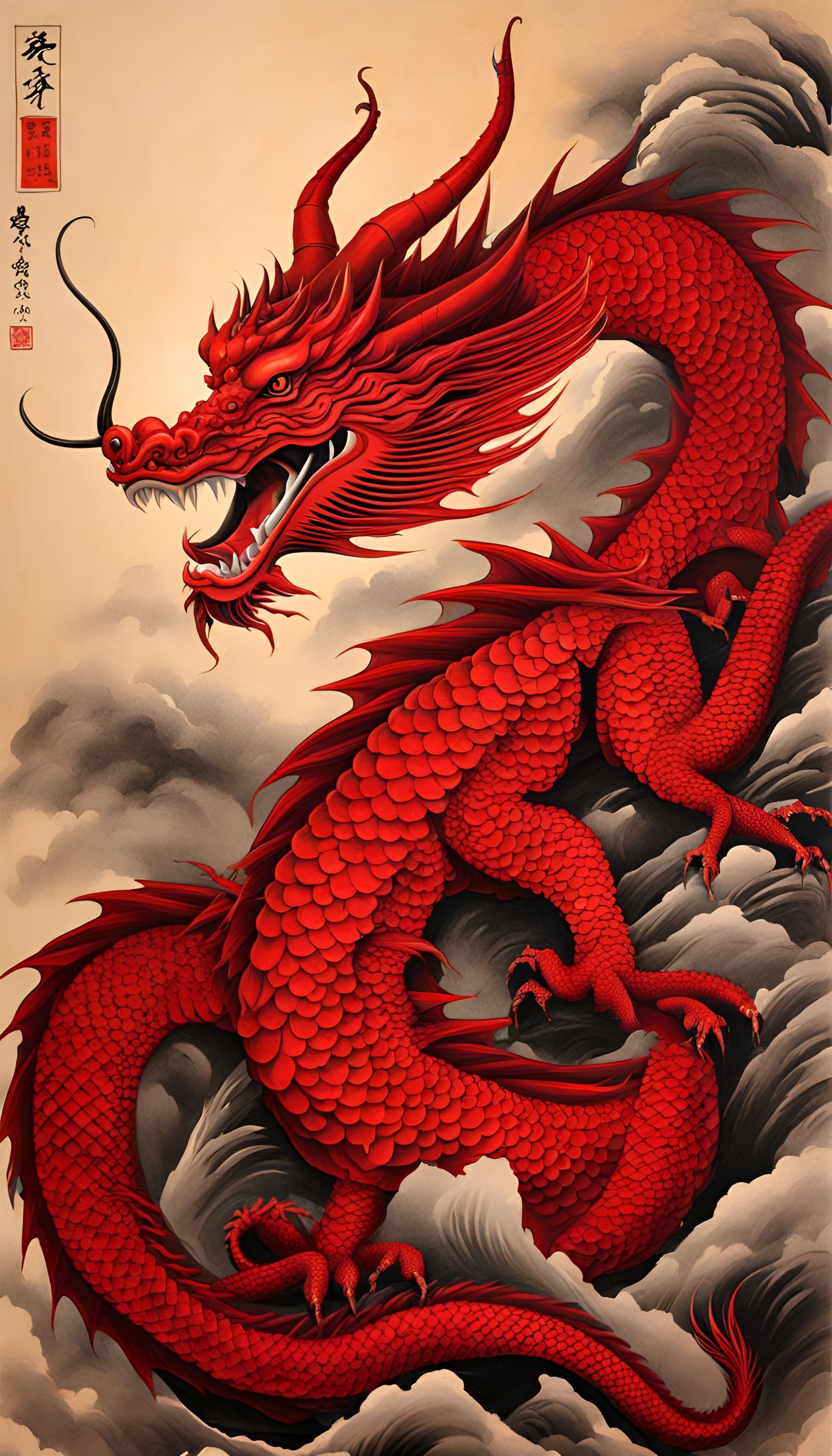 Red Dragon Drawing, Japanese Scroll Painting