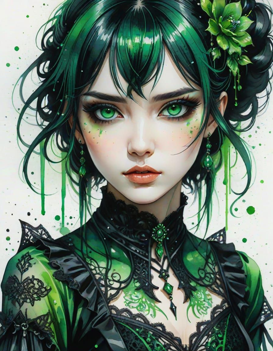 Anime Gothic Girl Portrait as Watercolor Splash Art