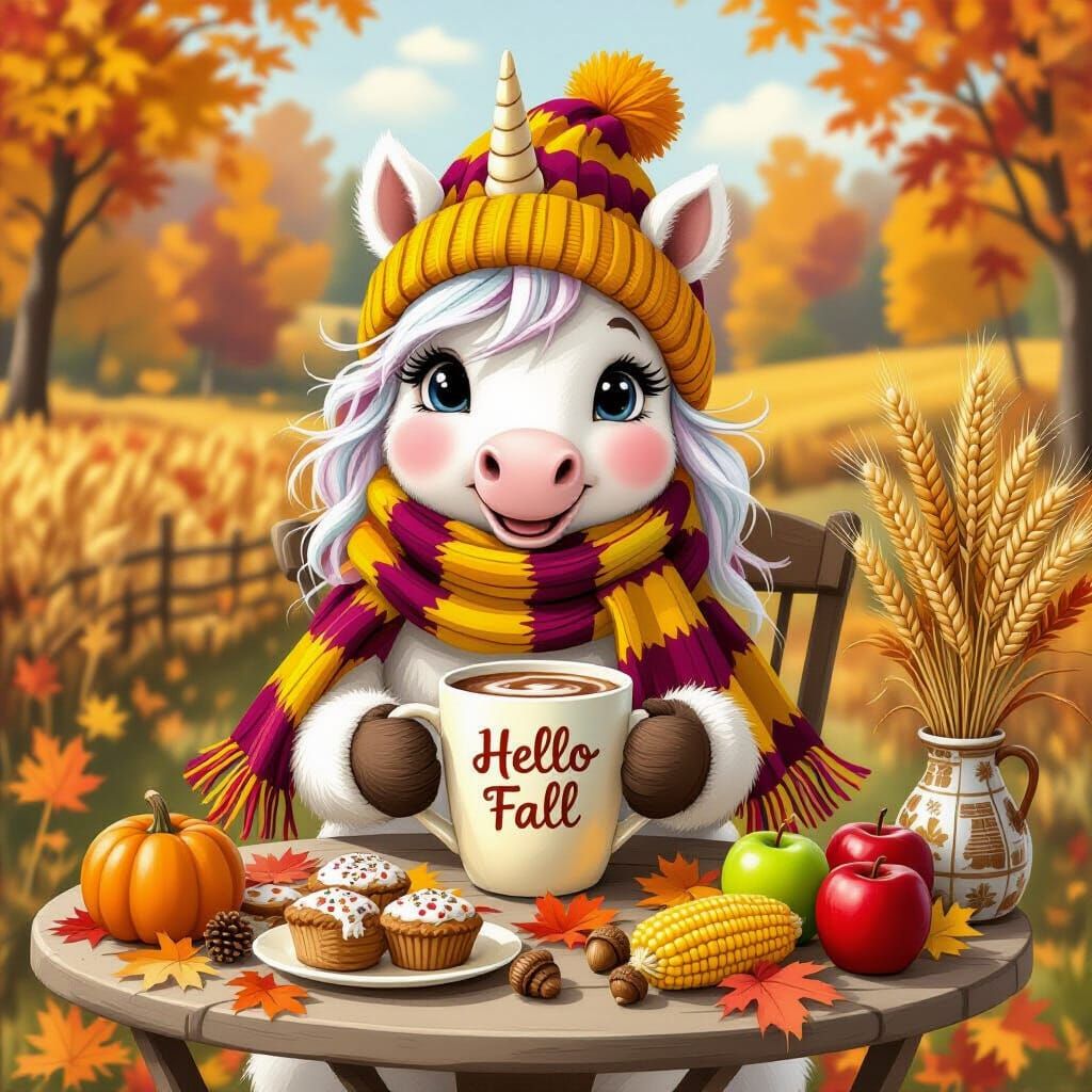 Unicorn in Fall Scarf with Hot Cocoa, Cozy Outdoor Scene