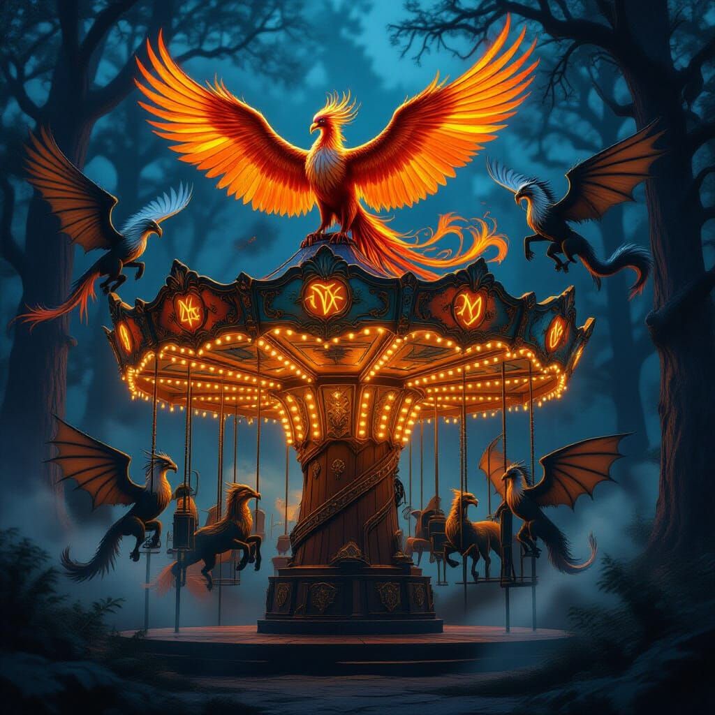 Majestic Fire Phoenix on Ancient Carousel in Twilight Forest