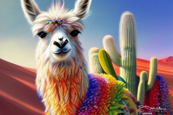 Colorful Llama in Sahara, Crayon Drawing