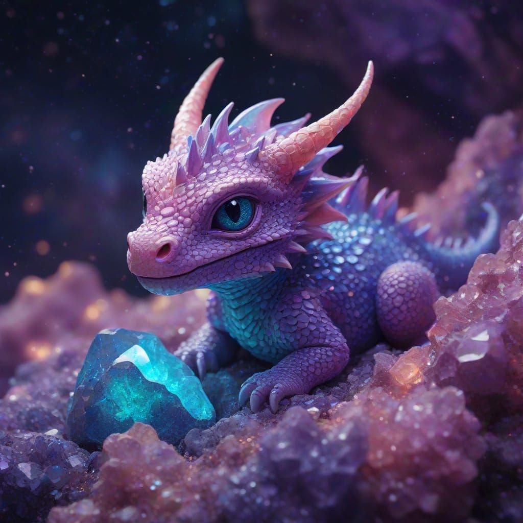 Baby Dragon in Geode: Cosmic Illustration with Astral Colors