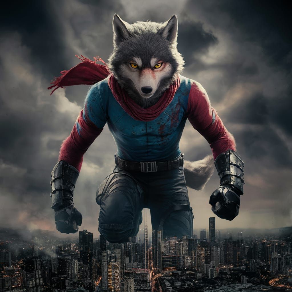 Anthropomorphic Wolf Superhero Over Cityscape in Cinematic L...