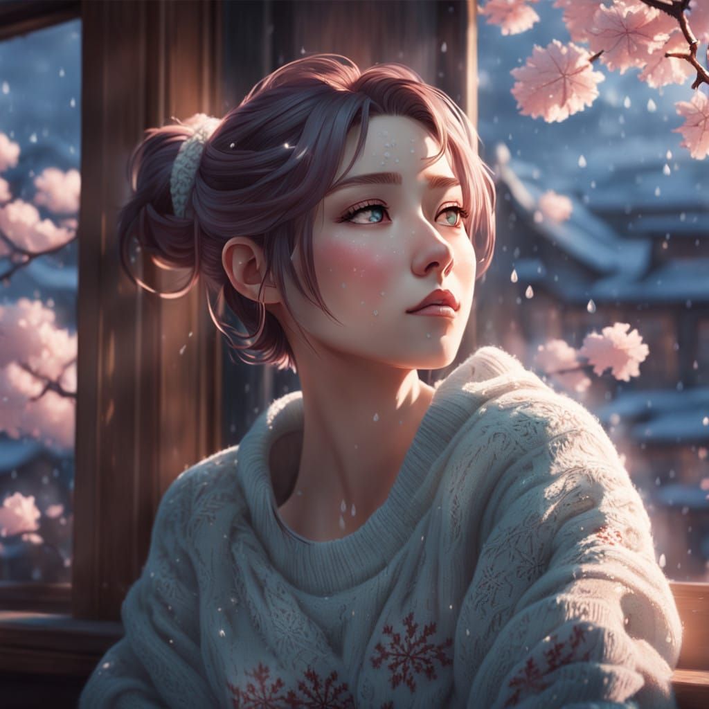 Anime Girl in Cozy Sweater Sits by Rainy Window