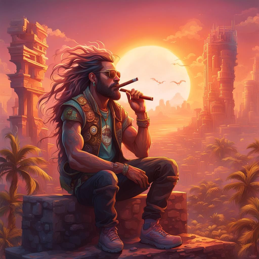 Solarpunk Man Smoking Cigar at Sunset