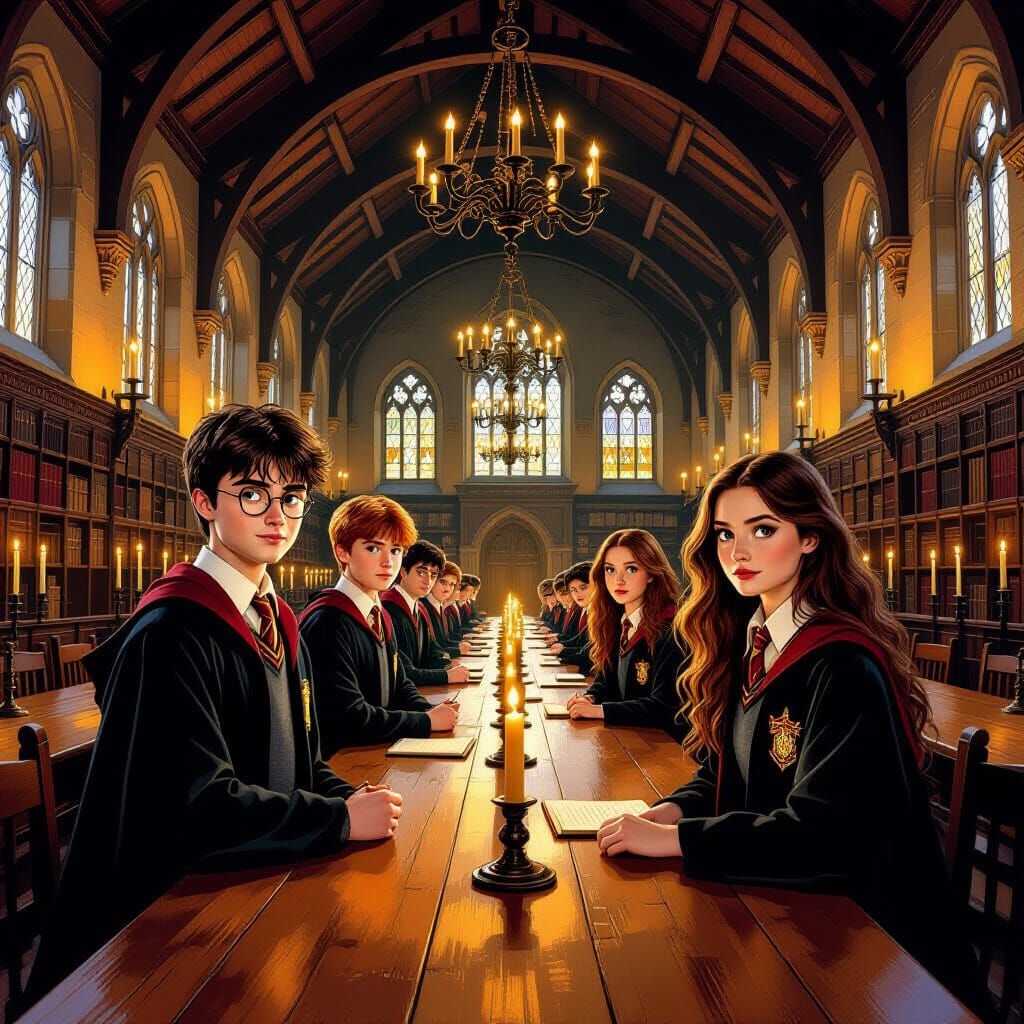 Hogwarts Great Hall Scene in Illustrative Style