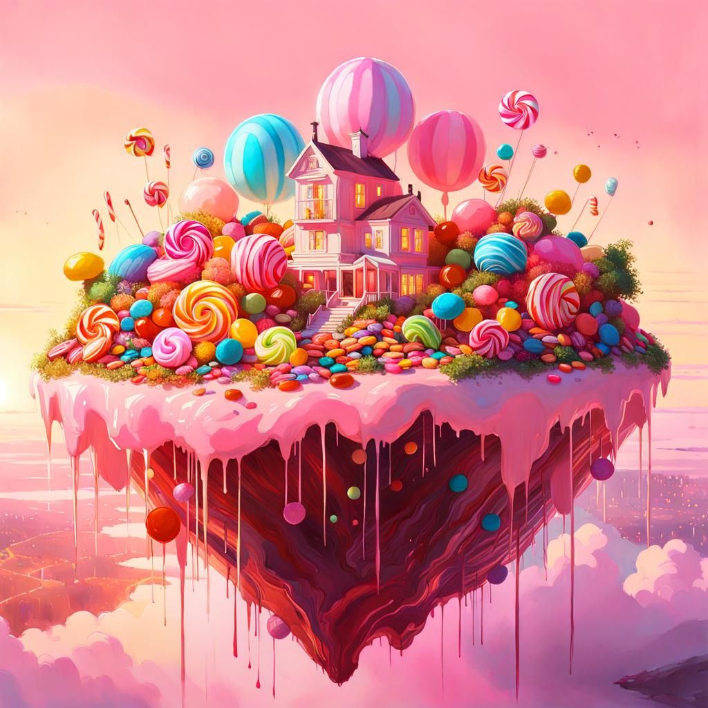 Candy Island in a Pink Sky: Watercolor Art