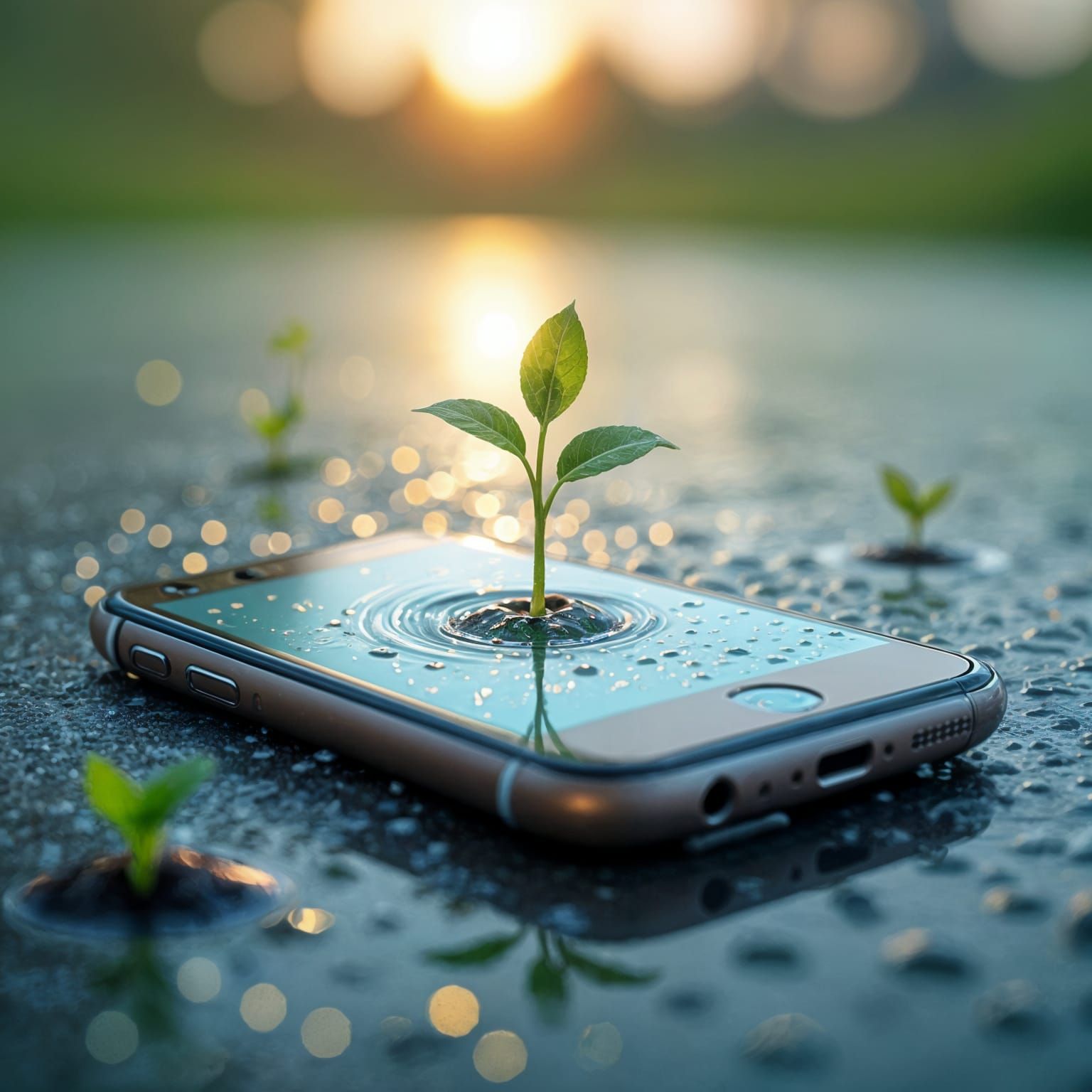 Green Shoots Sprout from Smartphone Screen: Hyperrealistic M...