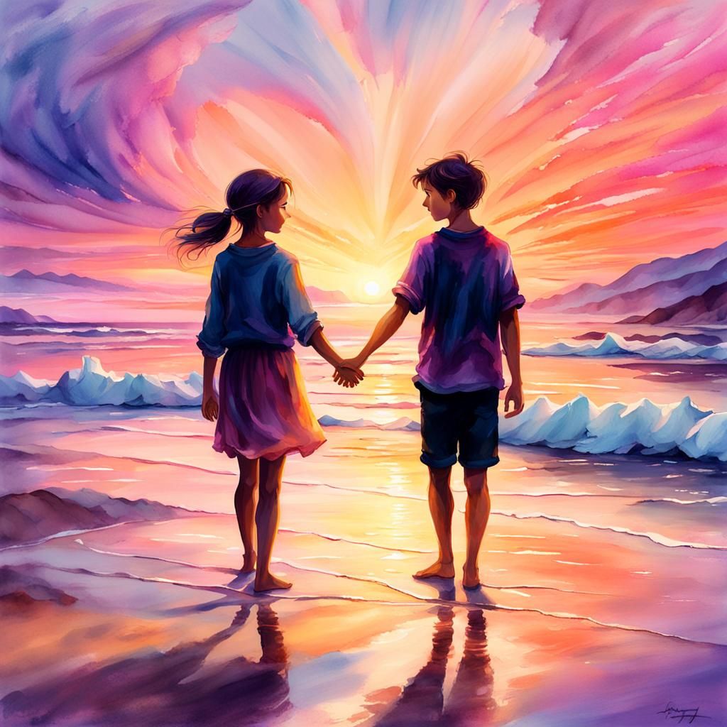 Children's Sunset Embrace: Soft Matte Painting