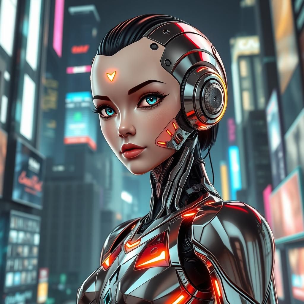 Glossy Robot Girl in Futuristic Cityscape