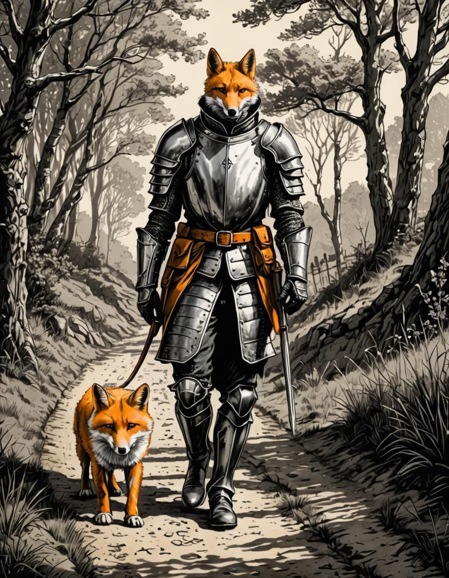 Inked Drawing: Knight and Fox Companion
