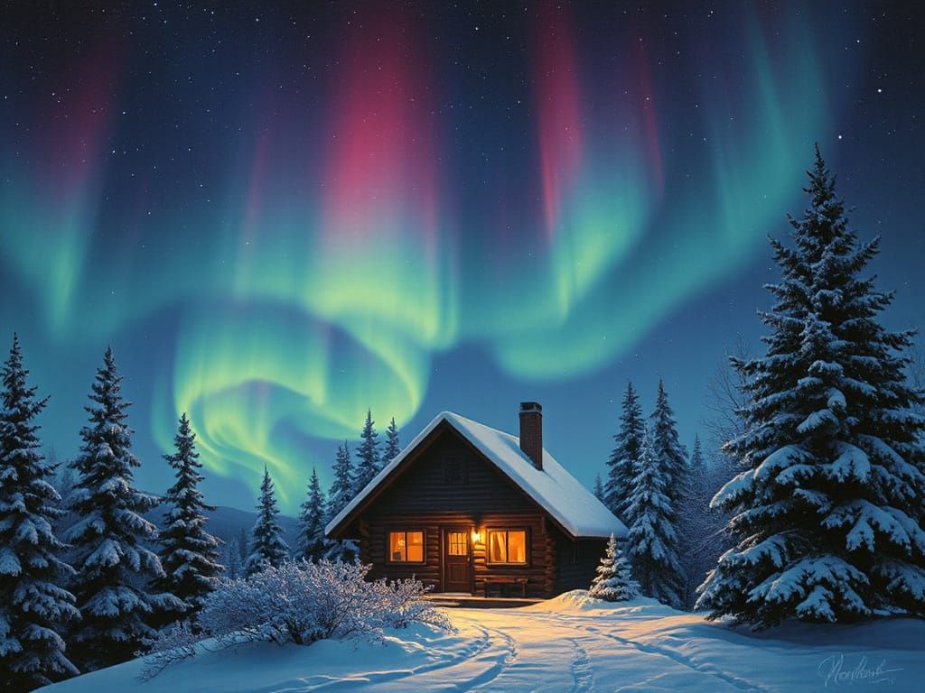 Aurora Borealis Over Mountain Cabin in Romantic Style