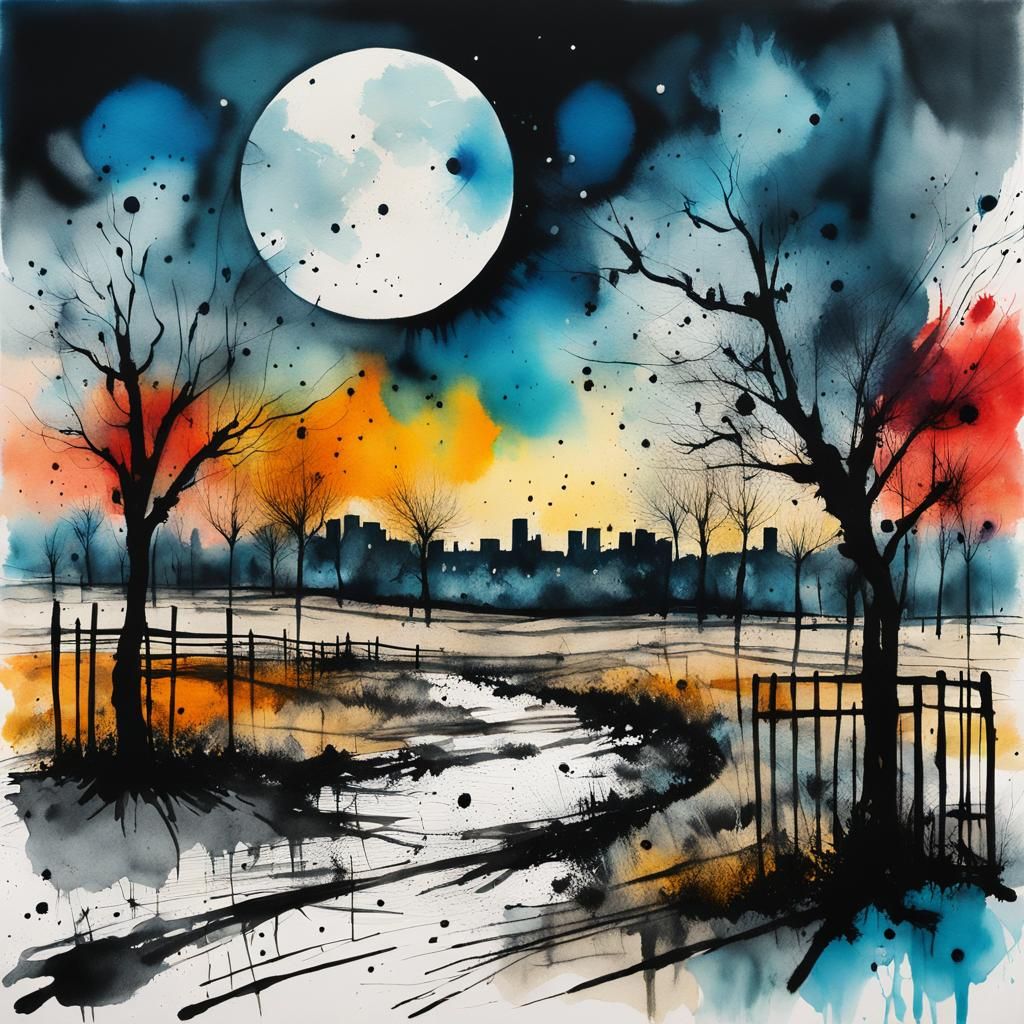 Ink Splash Art: Barren Field Outside City