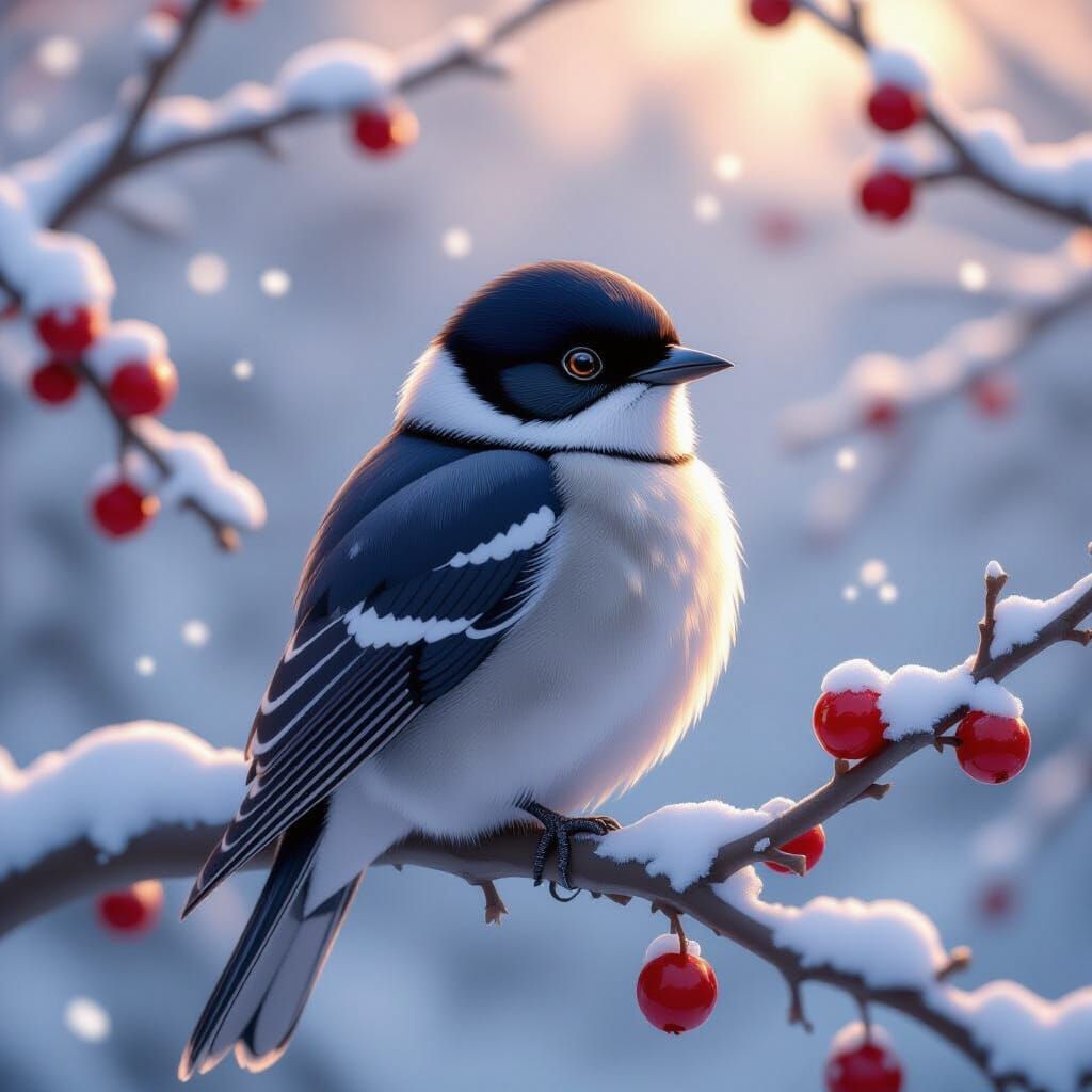 Whimsical Bird on Snowy Branch with Festive Berries