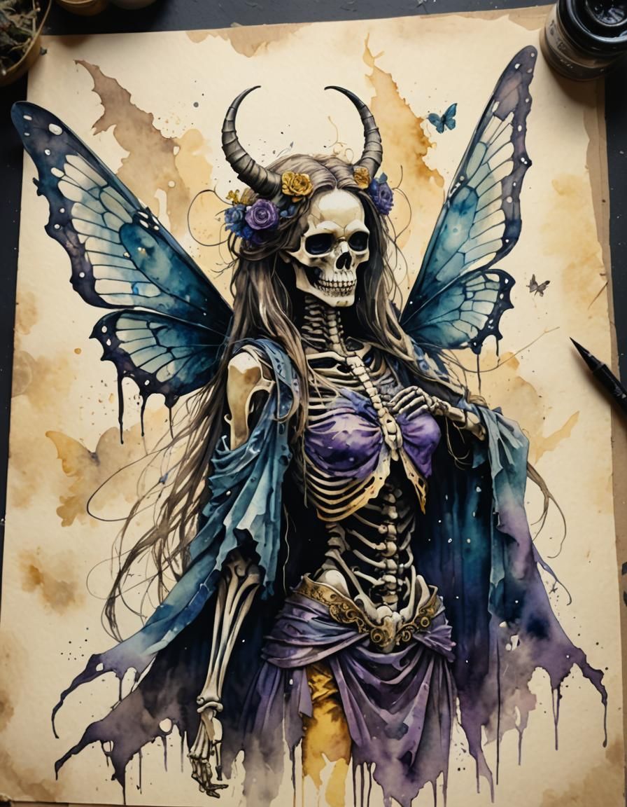 Magical Skeleton Creature in Dark Fantasy Watercolor