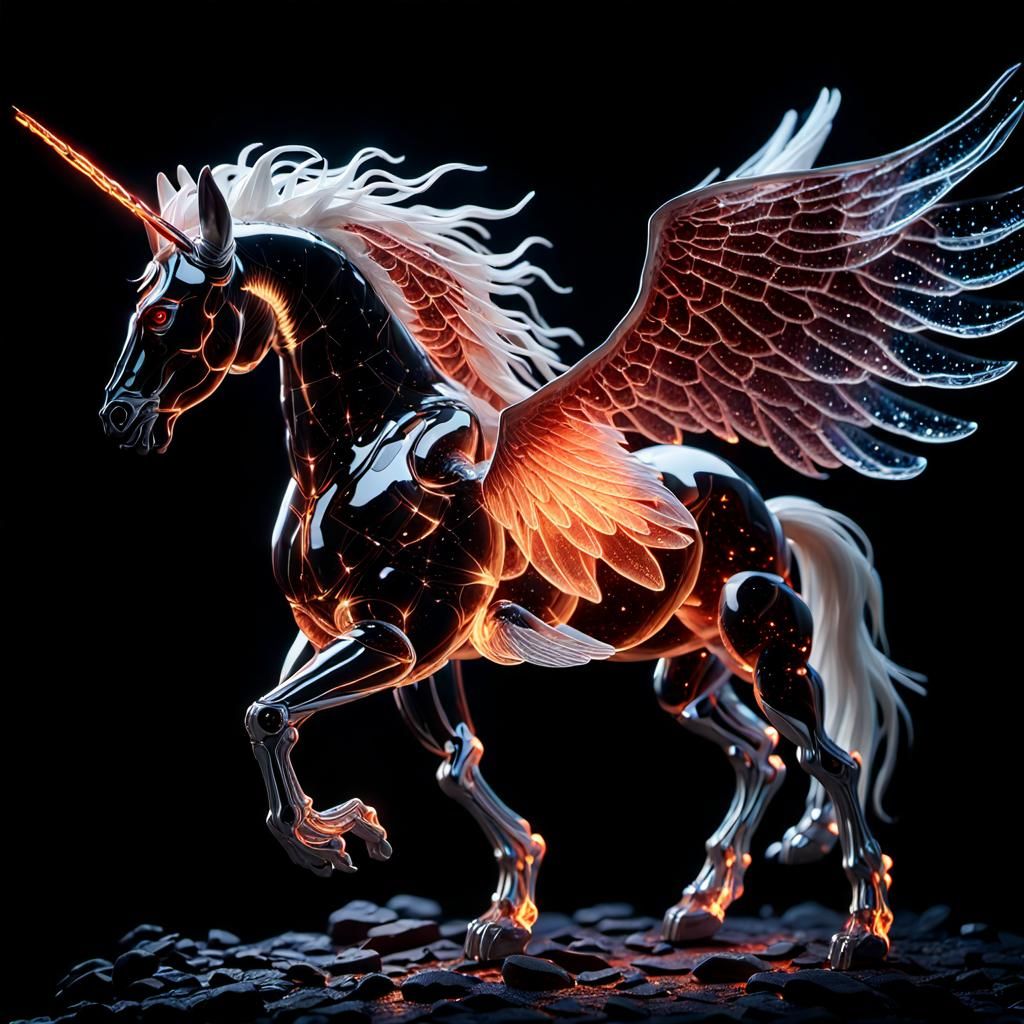 Create a detailed and photorealistic 16K resolution CGI art image of a transparent Pegasus
made of fragile lava glass. T...