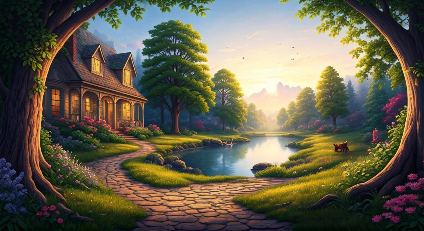 Ethereal Golden Hour Fantasy Scene in Kinkade Style