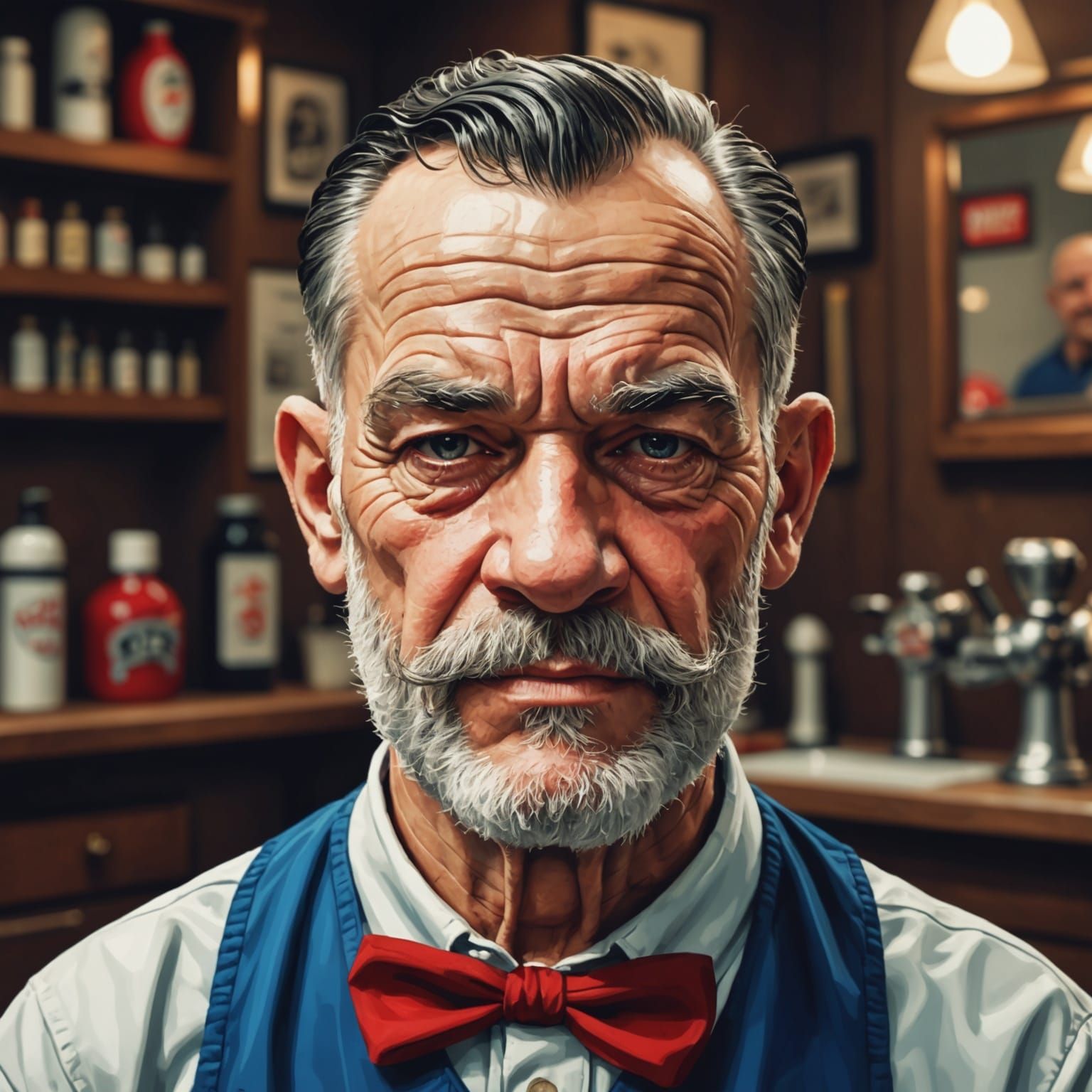 In Pixels،, A portrait of Popeye retired as a barber