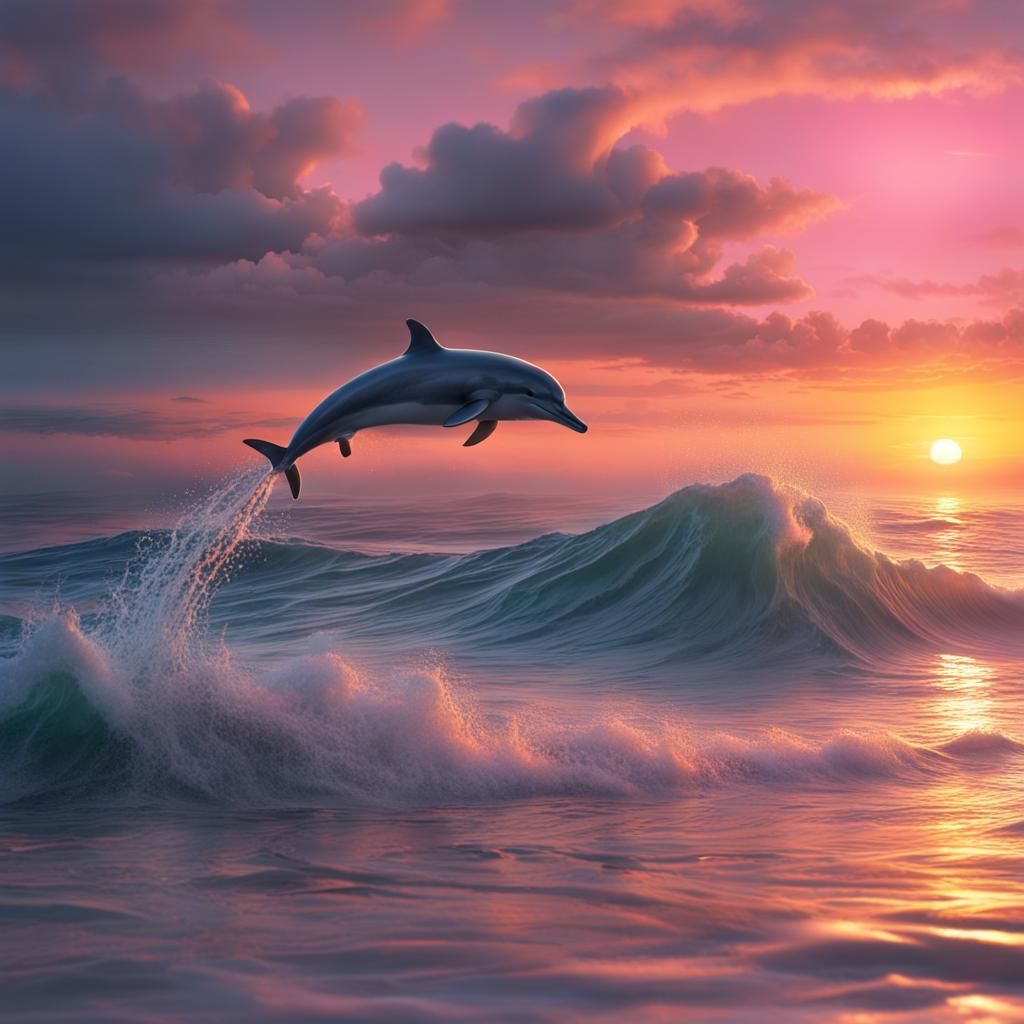 Beach Sunset with Dolphins in Deep Color