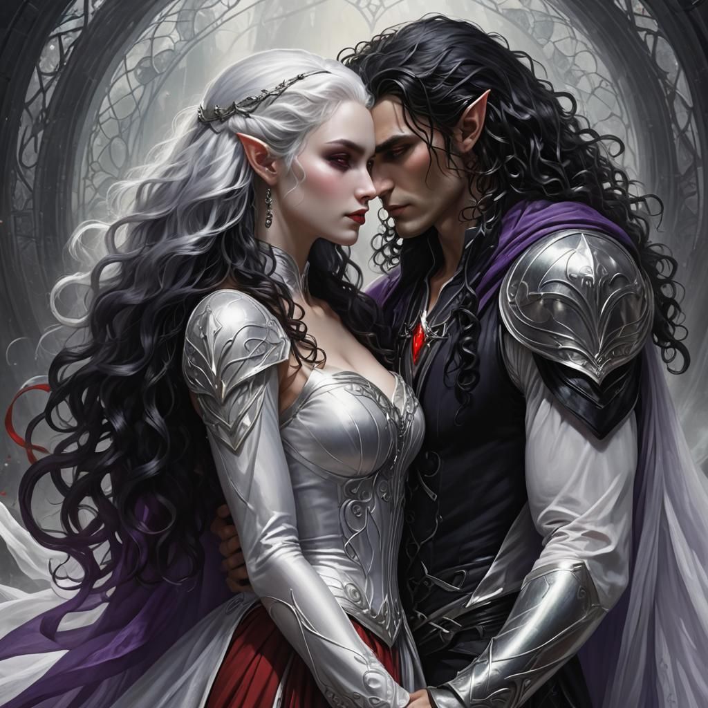 Passionate Embrace: Drow Elf and Human Woman