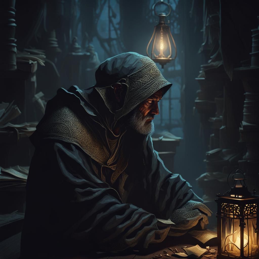 Mysterious Forger in Dimly Lit Workshop: Surreal CG Art