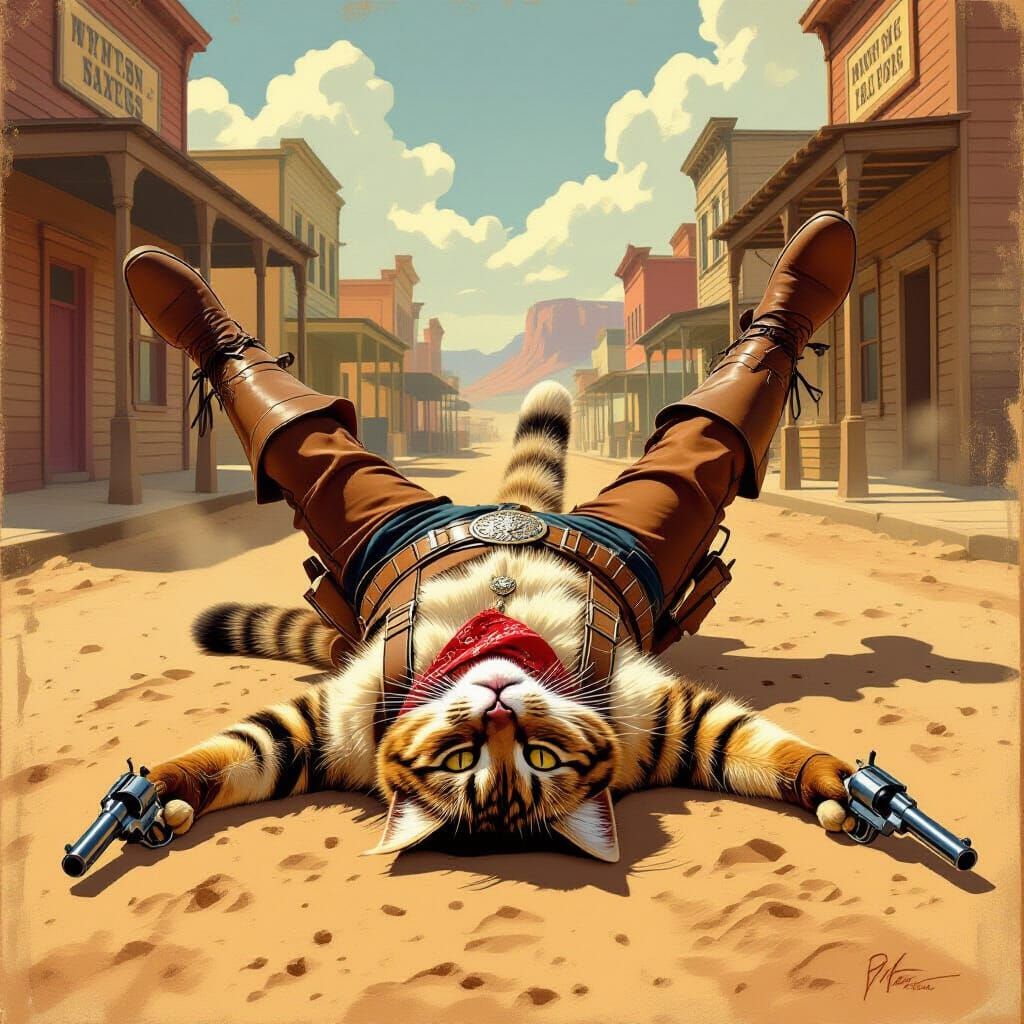 Anthropomorphic Cat Gunfighter in Old West Main Street