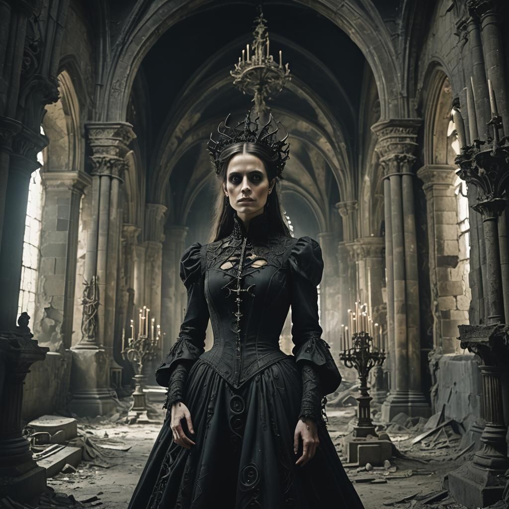 Gothic Woman in Ruined Church, Surrealist Portrait