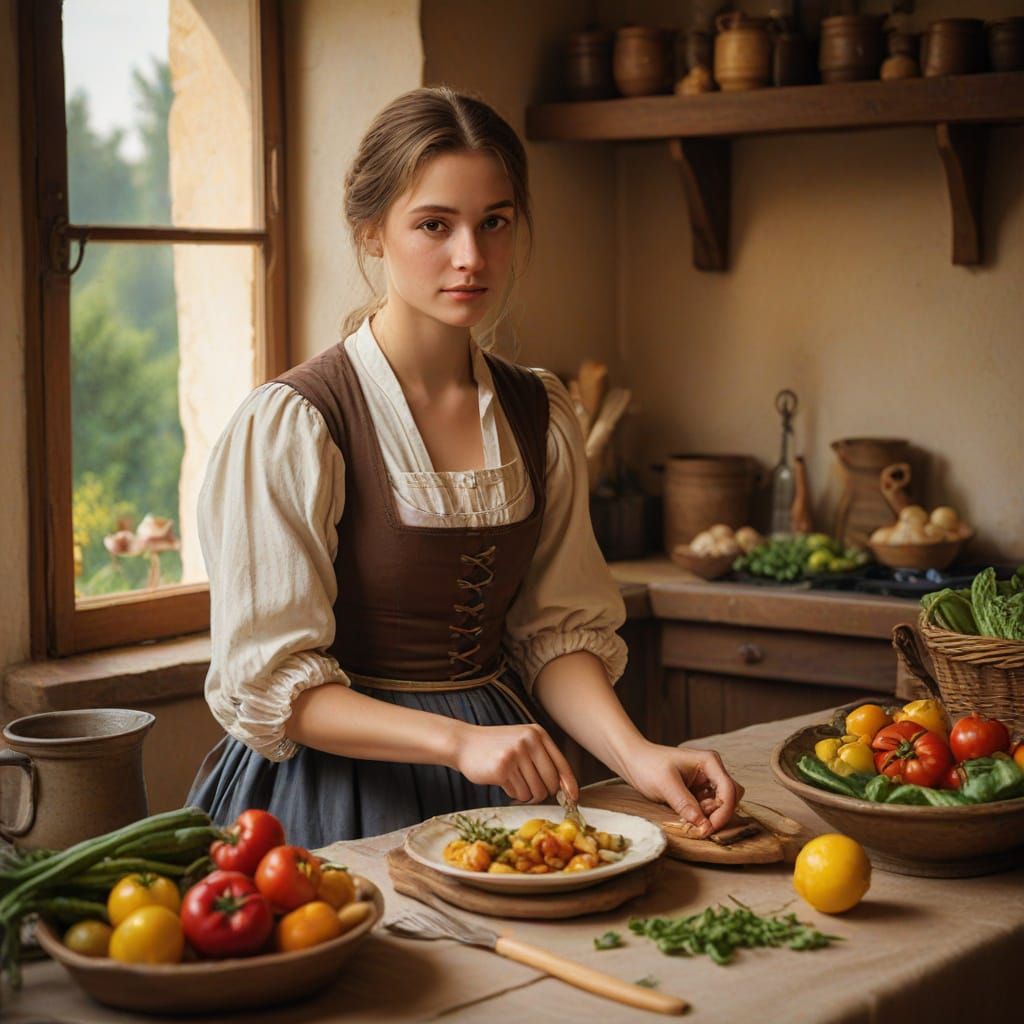 Medieval Woman Prepares Meal: Impressionist Oil