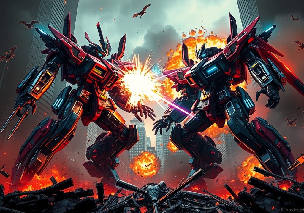Mecha Robots Clash in Dystopian Cityscape as Digital Art