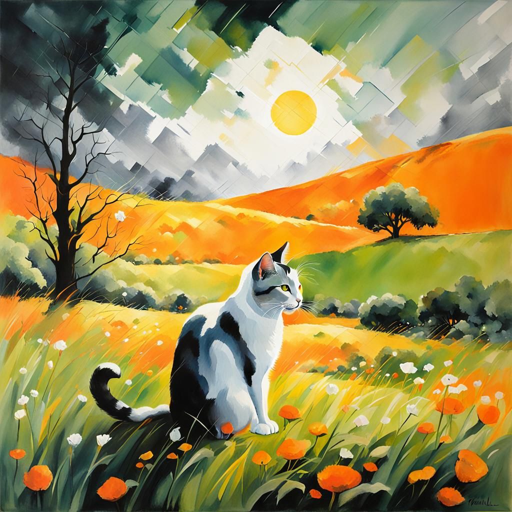 Whimsical Cat in a Vibrant Meadow Landscape