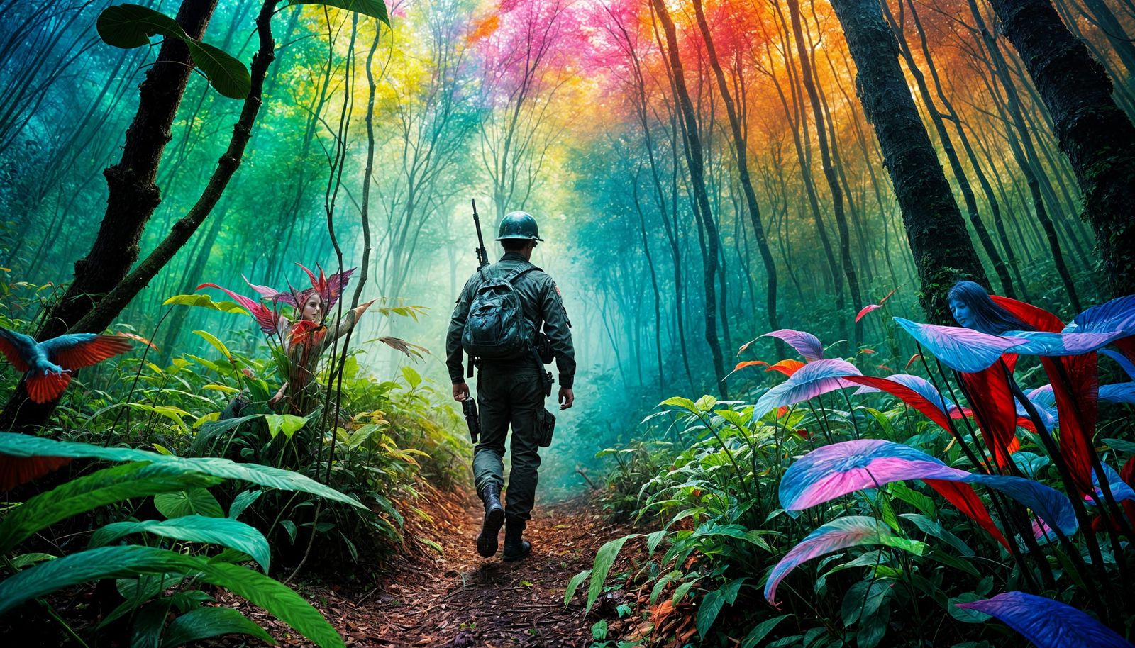 Surreal Jungle Soldier in Iridescent Mist