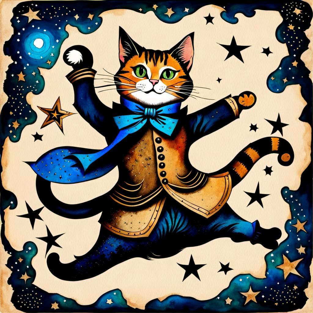 Victorian Cat Dancing in Starry Night Watercolor