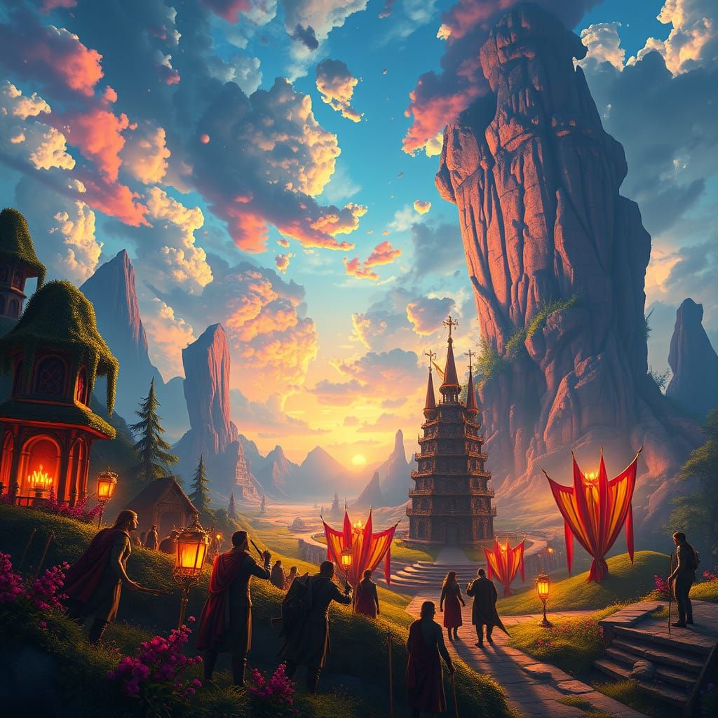 Vibrant Fantasy Landscape Celebration in Matte Painting Styl...
