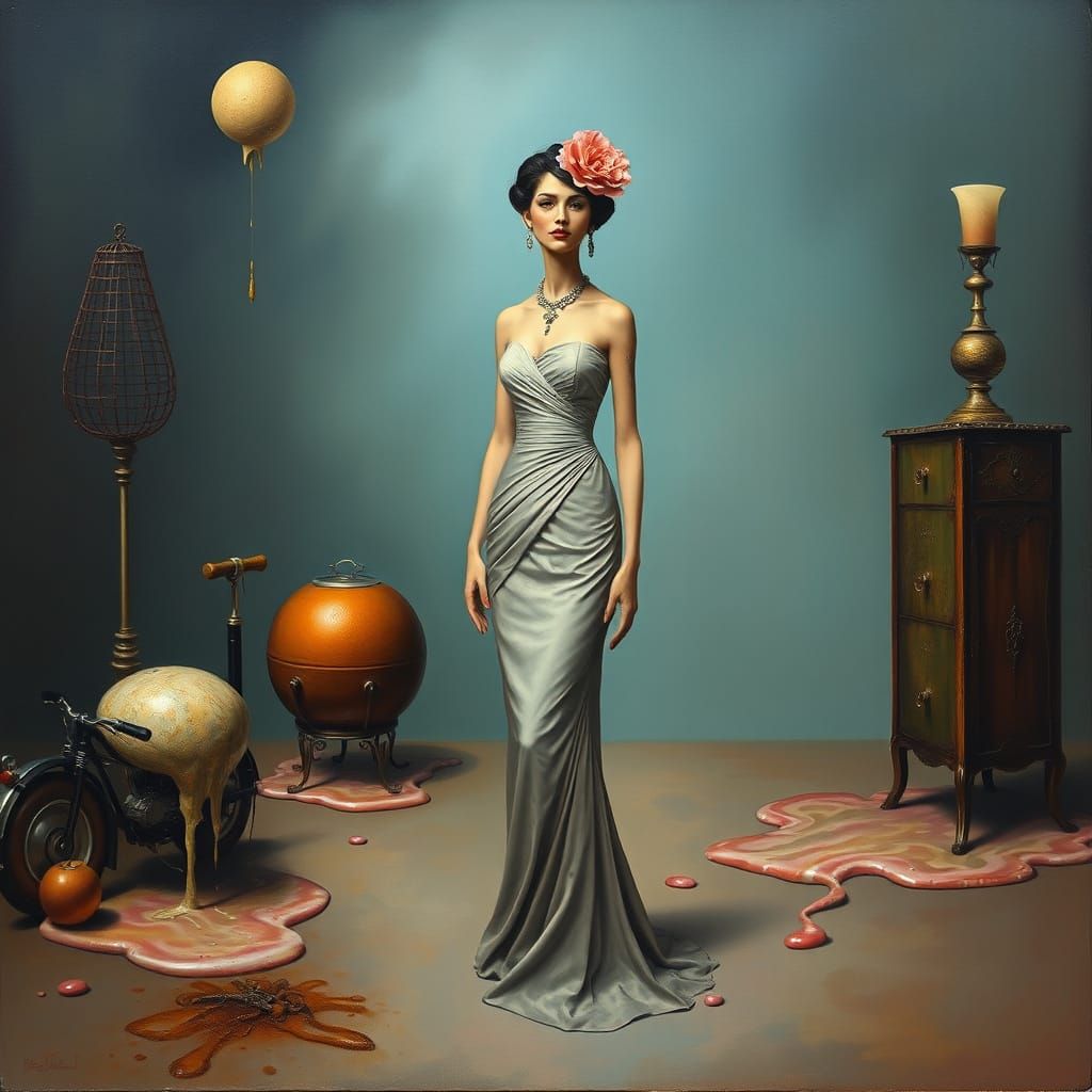 Surrealist Woman in Dreamlike Space, Oil on Canvas