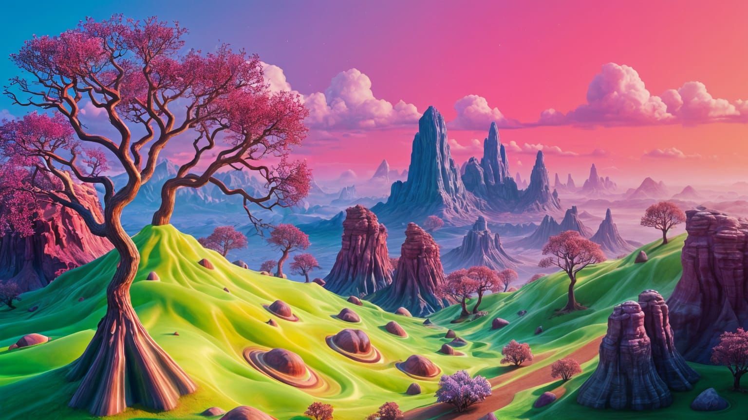 Landscape in Vibrant Color Palette with Non-Linear Trees and...