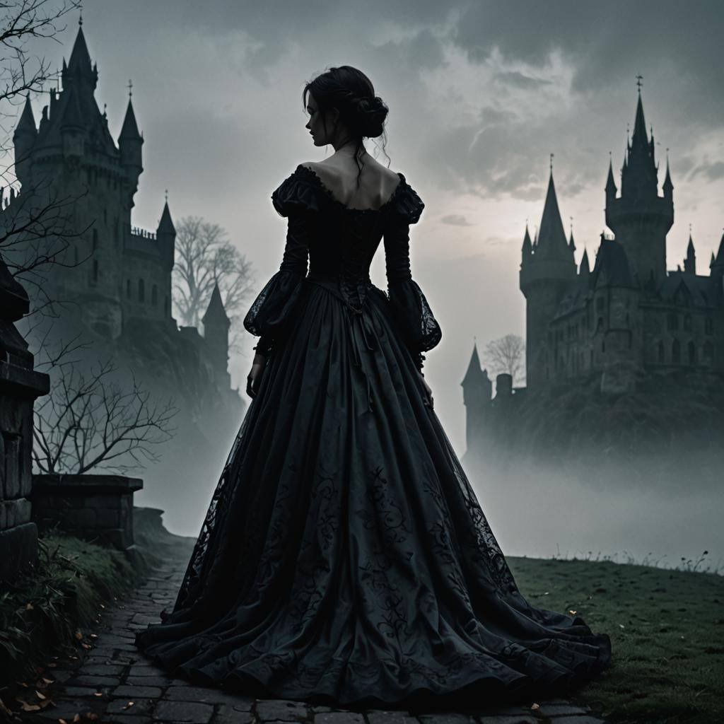 Eerie Gothic Silhouette: Girl and Misty Castle
