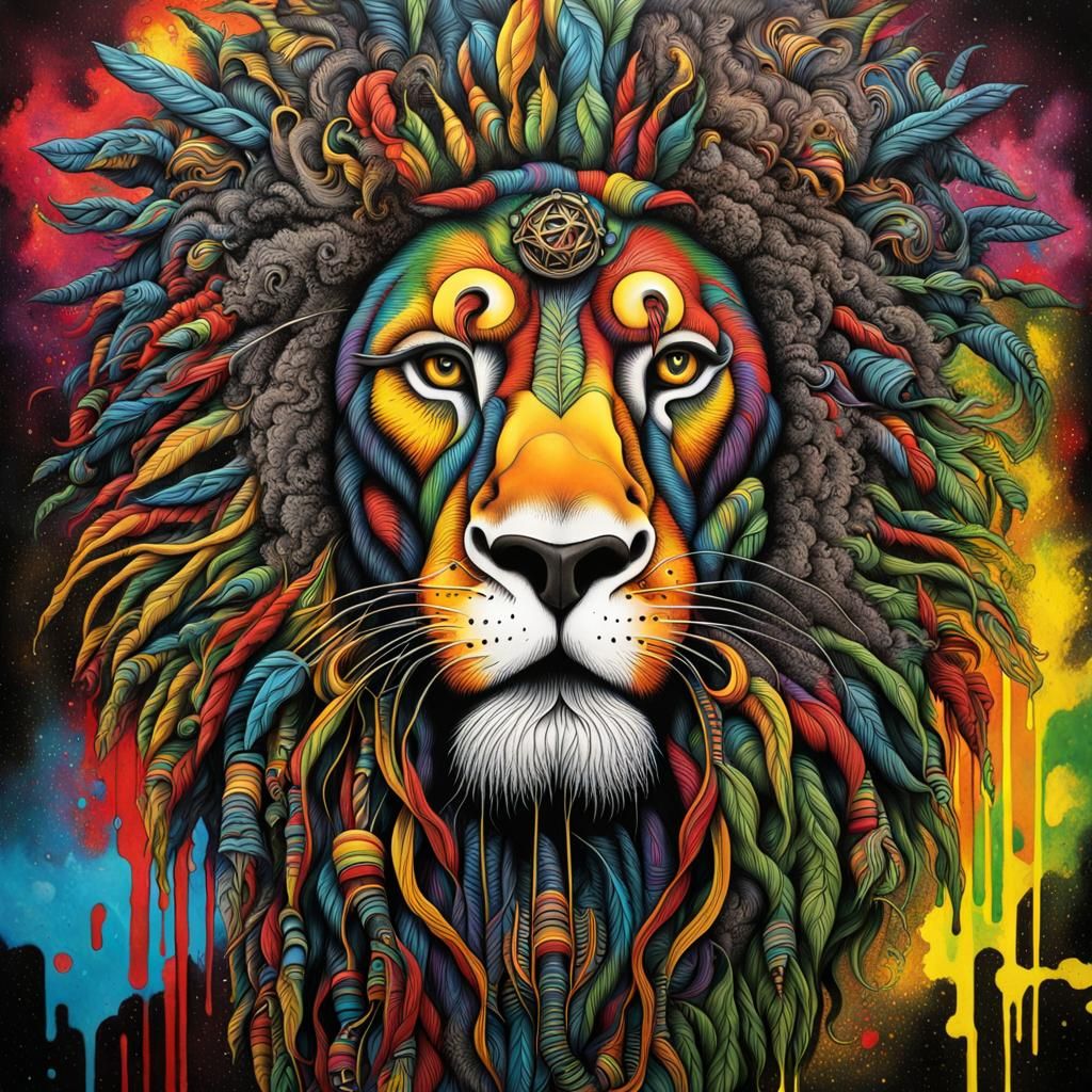 Afrofuturistic Rastaman Biomechanical Lion Graffiti Art
