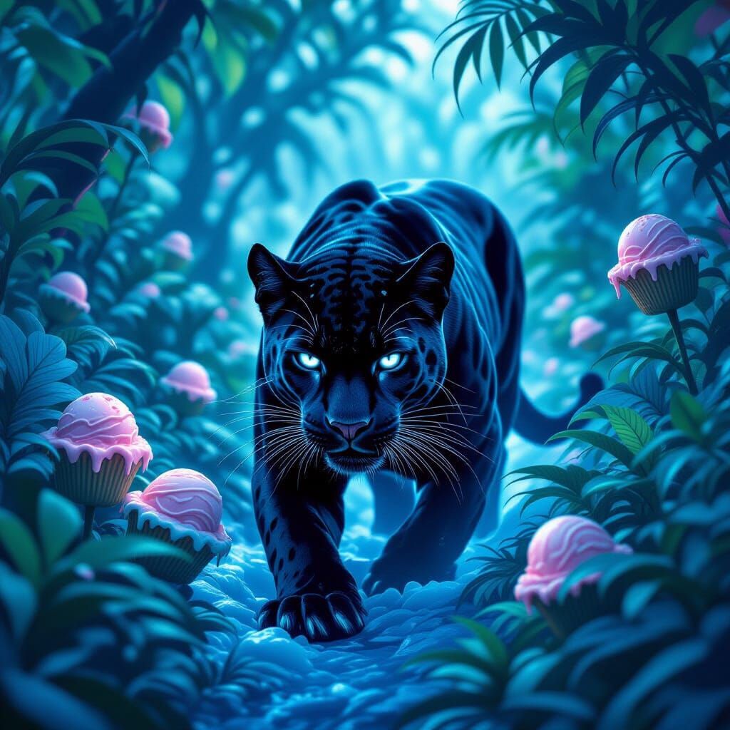 Black Panther in Bioluminescent Ice Cream Jungle