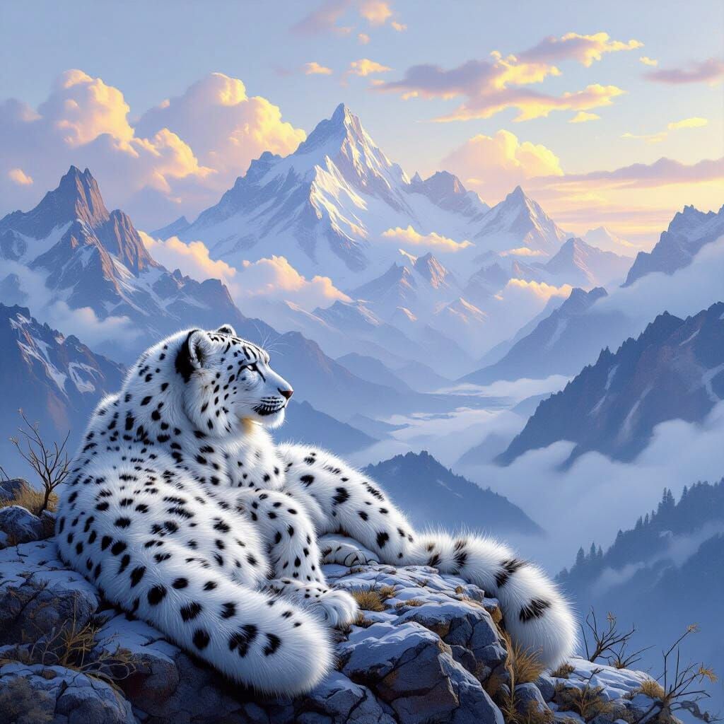 Snow Leopard Lounging on Misty Mountaintop