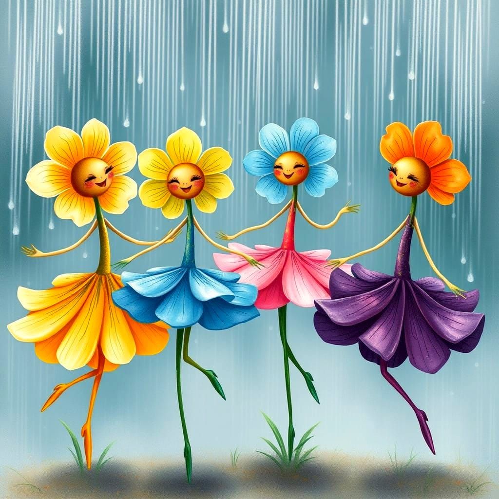 Whimsical Flower Dancers in Dreamy Watercolor Style